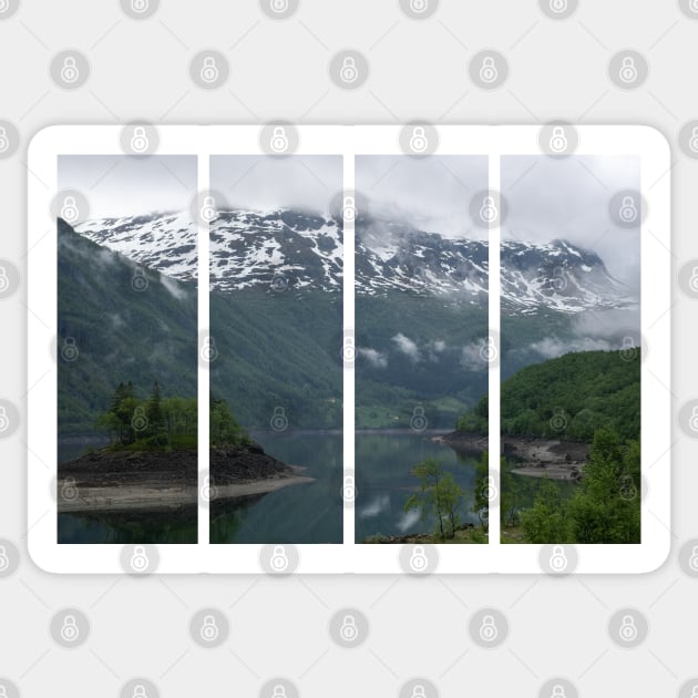 Wonderful landscapes in Norway. Vestland. Beautiful scenery of an island in the Roldalsvatnet lake. Snowed mountains and trees on rocks in background. Cloudy day Sticker by fabbroni-art